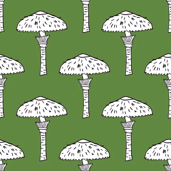 Autumn Harvest Seamless Pattern Outline White Mushroom Shapes Green Background — Stock Vector