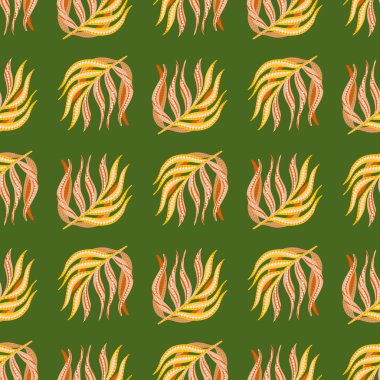 Palmiye yapraklarının süslediği desensiz desenler. Yeşil arka plan. Tropik basit arka plan. Mevsimlik tekstil baskıları, kumaş, afişler, arkaplanlar ve duvar kağıtları için vektör illüstrasyonu.