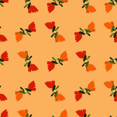 Çiçeksiz desenli kırmızı ve turuncu soyut çiçek elementleri. Pastel arka plan. Çiçek izi. Mevsimlik tekstil baskıları, kumaş, afişler, arkaplanlar ve duvar kağıtları için vektör illüstrasyonu.