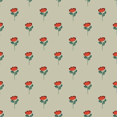 Yaz tarzı dekoratif, pürüzsüz desenli, kırmızı çiçekli, küçük şekilli. Gri arka plan. Karalama baskısı. Tekstil, kumaş, hediye paketi, duvar kağıtları için düz vektör baskısı. Sonsuz illüstrasyon.