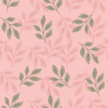 Bahar mevsimsel, yapraksız desen ve rastgele yaprak şekilleri iz bırakıyor. Pembe arka plan. Organik fon. Tekstil, kumaş, hediye paketi, duvar kağıtları için düz vektör baskısı. Sonsuz illüstrasyon.