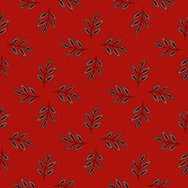 Εποχιακό Μοτίβο Χωρίς Ραφή Doodle Φύλλα Κλαδιά Στολίδι Κόκκινο Φόντο — Διανυσματικό Αρχείο