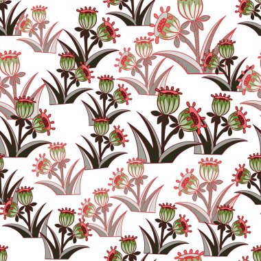 Rastgele çan çiçekleri ve yeşil süslemelerle el çizimi kusursuz desen. İzole çiçek arkaplanı. Kağıt ve kumaş dokuları için grafiksel tasarım. Vektör İllüstrasyonu.