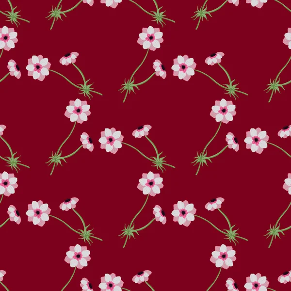 Éléments Floraux Anémones Couleur Rose Motif Sans Couture Fond Rouge — Image vectorielle