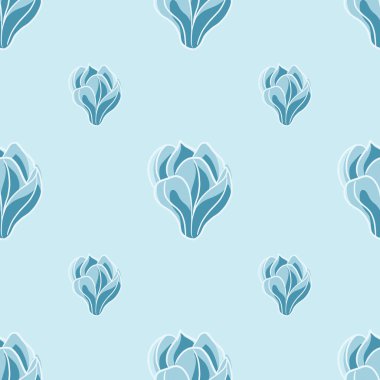 Minimalist manolya çiçekleri desenli kusursuz doğa deseni. Mavi tonlar. Çiçek çiçeği arkaplanı. Tekstil, kumaş, hediye paketi, duvar kağıtları için düz vektör baskısı. Sonsuz illüstrasyon.