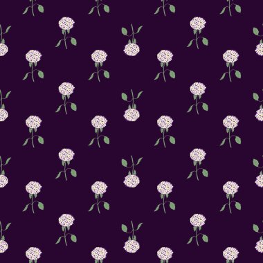 Küçük beyaz ortanca çiçekli ipeksi ipeklerin kusursuz doğal desenleri. Koyu mor arka plan. Mevsimlik tekstil baskıları, kumaş, afişler, arkaplanlar ve duvar kağıtları için vektör illüstrasyonu.