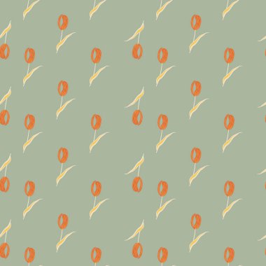 Rengi solgun, turuncu, küçük lale çiçeği süsüyle kusursuz. Pastel mavi-gri arka plan. Kağıt ve kumaş dokuları için grafiksel tasarım. Vektör İllüstrasyonu.