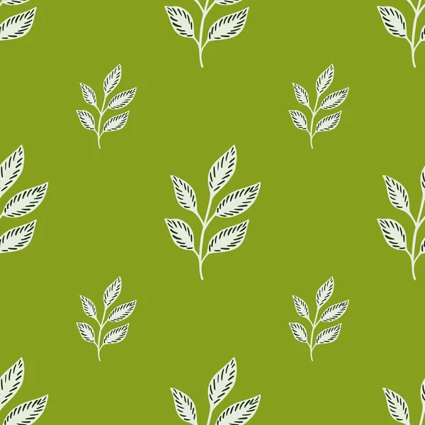 Garten Nahtloses Muster Mit Weißem Kritzelblattornament Hellgrüner Hintergrund Pflanzliche Elemente — Stockvektor