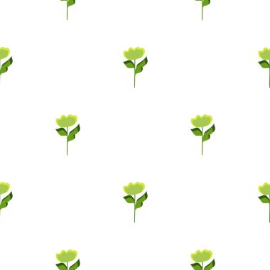 İzole edilmiş, pürüzsüz, küçük yeşil çiçek şekilli desen. Beyaz arka plan. Çiçek botanik izi. Tekstil, kumaş, hediye paketi, duvar kağıtları için düz vektör baskısı. Sonsuz illüstrasyon.