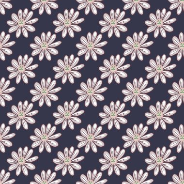 Basit papatya çiçeği siluetleriyle dekoratif, pürüzsüz desenler. Deniz mavisi. Doğa baskısı. Stok çizimi. Tekstil, kumaş, hediye paketi, duvar kağıtları için vektör tasarımı.