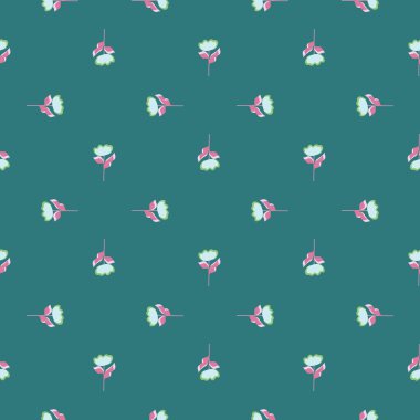 Çiçeksiz desenli, çiçek desenli. Turkuaz arka plan. Soyut papatya arkaplanı. Mevsimlik tekstil baskıları, kumaş, afişler, arkaplanlar ve duvar kağıtları için vektör illüstrasyonu.