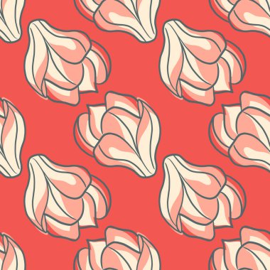 Manolya çiçekleri desenli soyut geometrik çiçek deseni. Açık kırmızı arkaplan. Tekstil, kumaş, hediye paketi, duvar kağıtları için düz vektör baskısı. Sonsuz illüstrasyon.