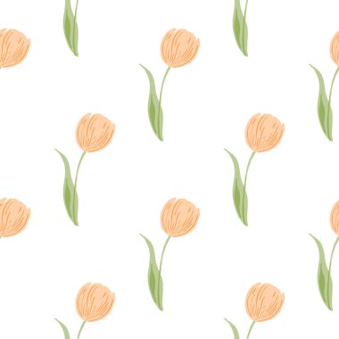 Pembe pastel lale çiçekleri şeklinde izole edilmiş, pürüzsüz bir desen. Basit tarz minimalist çiçek deseni. Stok çizimi. Tekstil, kumaş, hediye paketi, duvar kağıtları için vektör tasarımı.