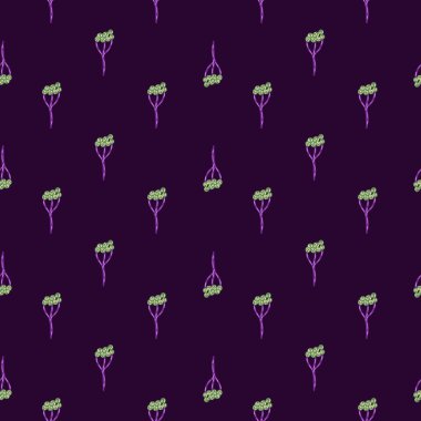 Küçük yeşil kiriş süslemesi olan kusursuz bir tıbbi desen. Mor esmer arka plan. Wellnes parmak izi. Kağıt ve kumaş dokuları için grafiksel tasarım. Vektör İllüstrasyonu.