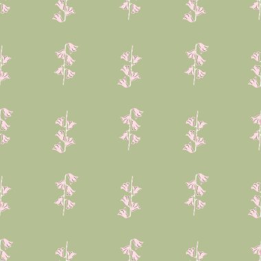 Geometrik şekilli, geometrik şekilli, çan çiçekli, dikişsiz desen. Yeşil arka plan. Tekstil, kumaş, hediye paketi, duvar kağıtları için baskı. Sonsuz vektör illüstrasyonu.