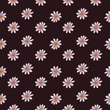 Küçük papatya çiçeği desenli, pürüzsüz desenli siluetler. Koyu kahverengi arka plan. Çiçek sanatının aksine. Stok çizimi. Tekstil, kumaş, hediye paketi, duvar kağıtları için vektör tasarımı.