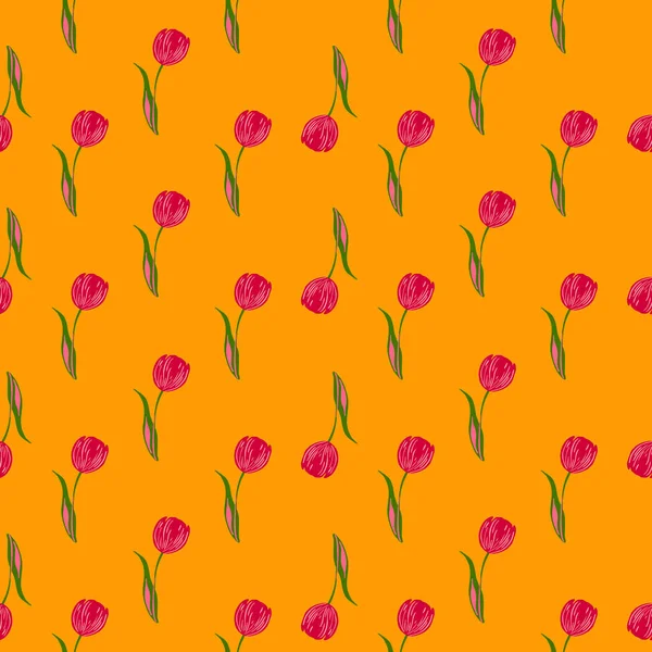 분홍빛 꽃무늬가 솔기없는 무늬가 실루엣을 피운다 주황색 Doodle Print 벽지용 — 스톡 벡터