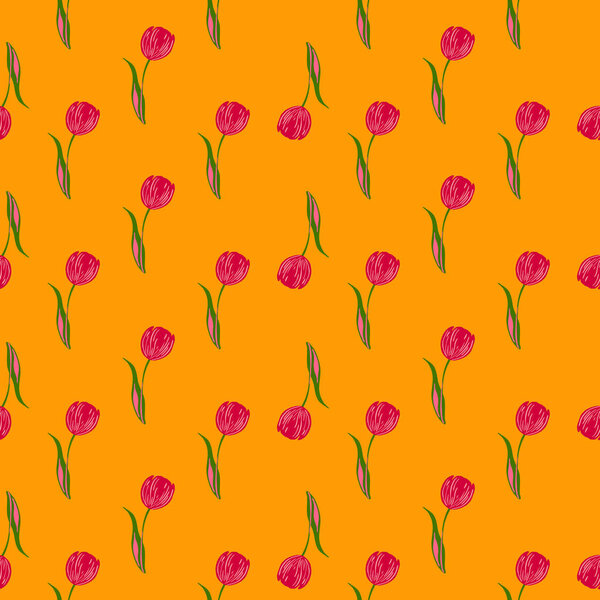 Abstract seamless pattern with little pink random tulip flowers silhouettes. Orange background. Doodle print. Flat vector print for textile, fabric, giftwrap, wallpapers. Endless illustration.