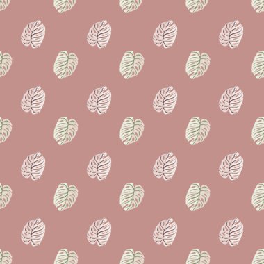 Soluk beyaz canavar yaprağı elementleriyle el çizimi, pürüzsüz desen. Pembe arka plan. Stok çizimi. Tekstil, kumaş, hediye paketi, duvar kağıtları için vektör tasarımı.