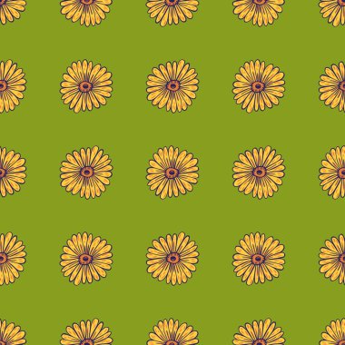 Ayçiçeği sarısı şekilli, pürüzsüz desen. Yeşil arka plan. Çiçek süsü. Mevsimlik tekstil baskıları, kumaş, afişler, arkaplanlar ve duvar kağıtları için vektör illüstrasyonu.