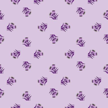 Geometrik stil, çan çiçekleri desenli kusursuz doğayı süsler. Pastel mor renkli çiçek çizimi. Kağıt ve kumaş dokuları için grafiksel tasarım. Vektör İllüstrasyonu.