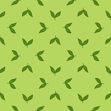 Basit bir yaprak süsüsüyle geometrik süslemesiz desen. Açık yeşil renkler. Yeşillik arkaplan. Mevsimlik tekstil baskıları, kumaş, afişler, arkaplanlar ve duvar kağıtları için vektör illüstrasyonu.
