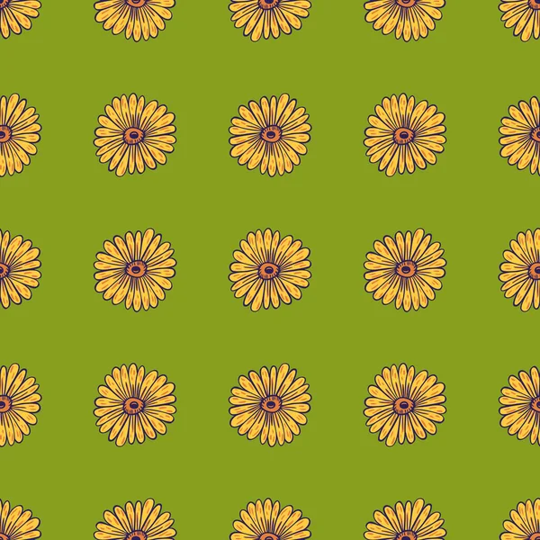 Kwitną Bezszwowe Wzory Wyprofilowanymi Słonecznikowymi Żółtymi Kształtami Zielone Tło Ozdoba — Wektor stockowy