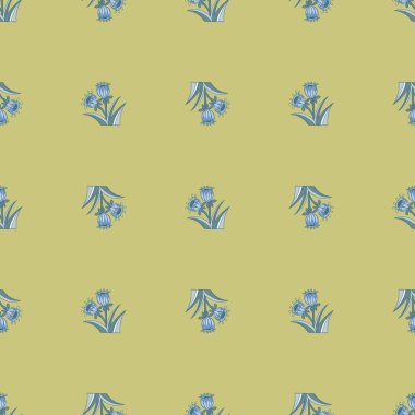 Mavi çan çiçekleri desenli bahar mevsimsel dikişsiz desen iz bırakır. Soluk renkli yeşil arka plan. Kağıt ve kumaş dokuları için grafiksel tasarım. Vektör İllüstrasyonu.