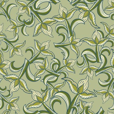 Soyut lale çiçeği unsurlarıyla kusursuz bir doğa şekli. Soluk yeşil tonlarda rastgele parmak izi. Kağıt ve kumaş dokuları için grafiksel tasarım. Vektör İllüstrasyonu.