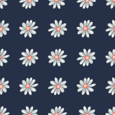 Geometrik papatya çiçekleri siluetleriyle kusursuz desen. Deniz mavisi. Doğa baskısı. Tekstil, kumaş, hediye paketi, duvar kağıtları için vektör tasarımı