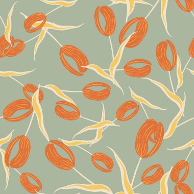 Rastgele turuncu lale çiçekli siluetler pastel tonlarda kusursuz desenler. Açık mavi arka plan. Dekor baskısı. Kağıt ve kumaş dokuları için grafiksel tasarım. Vektör İllüstrasyonu.