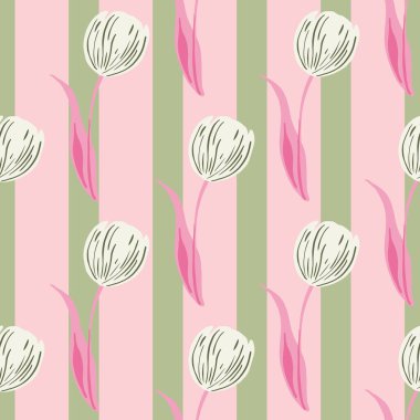 Elle çizilmiş lale çiçeği tomurcukları ile dekoratif, pürüzsüz desenler. Pembe ve yeşil çizgili arka plan. Tekstil, kumaş, hediye paketi, duvar kağıtları için düz vektör baskısı. Sonsuz illüstrasyon.