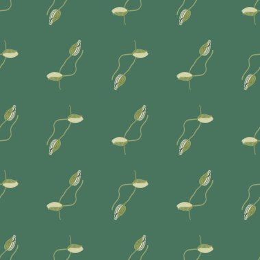 Bahar mevsimsel haşhaş tomurcukları şekilli dikişsiz çiçek deseni. Çiçekler pastel yeşil renklerde. Stok çizimi. Tekstil, kumaş, hediye paketi, duvar kağıtları için vektör tasarımı.