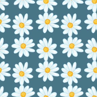 Şirin papatya çiçekleri süslemeli klasik yaz şablonu. Donanma mavisi soluk beniz. Çiçek arkaplanı. Stok çizimi. Tekstil, kumaş, hediye paketi, duvar kağıtları için vektör tasarımı.