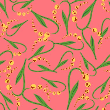 Süslü, pürüzsüz desenli, sarı zambaklı vadi elementleri. Parlak pembe arka plan. Stok çizimi. Tekstil, kumaş, hediye paketi, duvar kağıtları için vektör tasarımı.