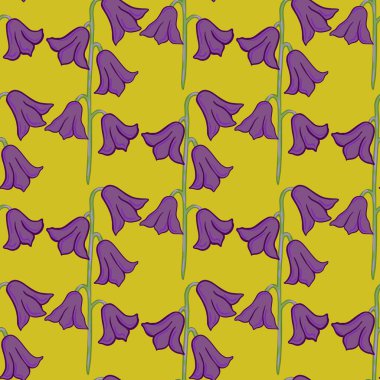 Mor çan çiçekleriyle süslenmiş kusursuz desenler. Sarı soluk arkaplan. Soyut stil. Tekstil, kumaş, hediye paketi, duvar kağıtları için düz vektör baskısı. Sonsuz illüstrasyon.