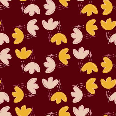 Elle çizilmiş pürüzsüz desenli pembe ve turuncu sevimli çiçekli siluetler. Koyu kahverengi arka plan. Mevsimlik tekstil baskıları, kumaş, afişler, arkaplanlar ve duvar kağıtları için vektör illüstrasyonu.