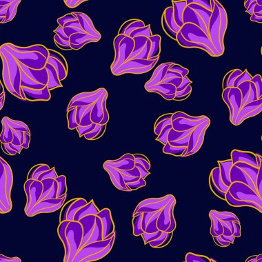 Mor rastgele manolya çiçekleri, dikişsiz karalama deseni. Siyah arka plan. Soyut stil. Tekstil, kumaş, hediye paketi, duvar kağıtları için düz vektör baskısı. Sonsuz illüstrasyon.