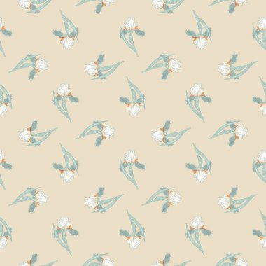 Küçük mavi süslemeli bahar desenli, pürüzsüz bir süs. Açık bej arka plan. Mevsimlik tekstil baskıları, kumaş, afişler, arkaplanlar ve duvar kağıtları için vektör illüstrasyonu.