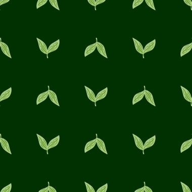 Geometrik bitkisel dikişsiz desen ve şekillendirilmiş basit yaprak siluetleri. Yeşillik arkaplan. Yeşil arka plan. Mevsimlik tekstil baskıları, kumaş, arkaplan ve duvar kağıtları için vektör illüstrasyonu.