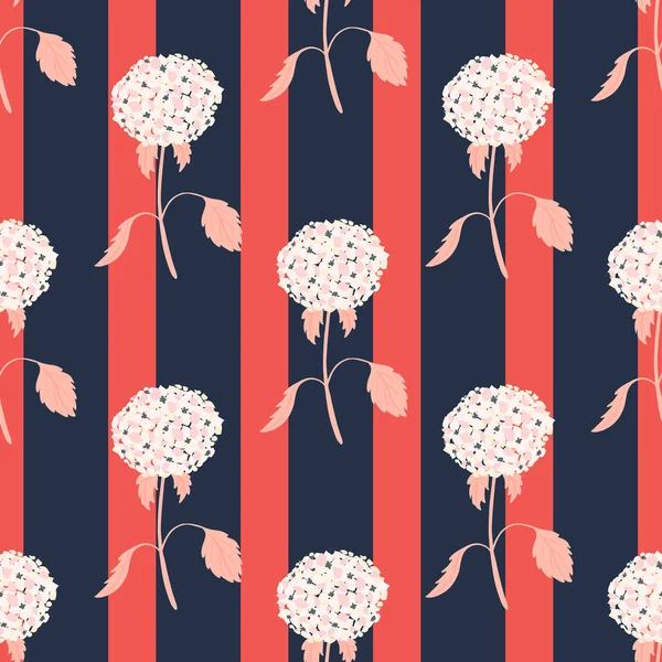 White colored decorative hydrangea flower silhouettes print. Pink and navy blue striped background. Vector illustration for seasonal textile prints, fabric, banners, backdrops and wallpapers.