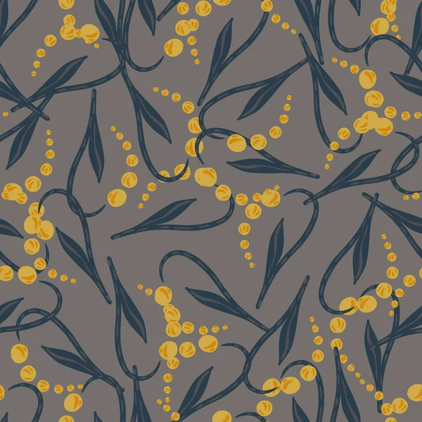 Random Yellow Abstract Lily Valley Silhouettes Seamless Pattern Grey Background — Stock Vector