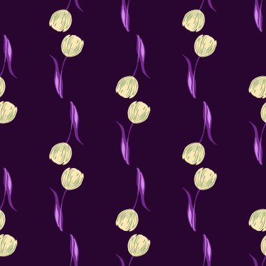 Karalama lale çiçeği elementleriyle, kusursuz, koyu bir doğa deseni. Mor arka plan. Dekoratif baskı. Tekstil, kumaş, hediye paketi, duvar kağıtları için düz vektör baskısı. Sonsuz illüstrasyon.