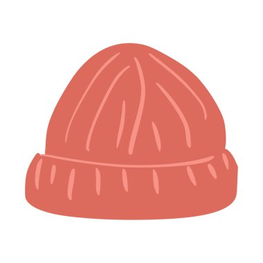 Beanie beyaz arka planda izole edilmiş. Simge örülmüş başlık kırmızı renkte. Herhangi bir amaç için tasarlandı. Vektör illüstrasyonu
