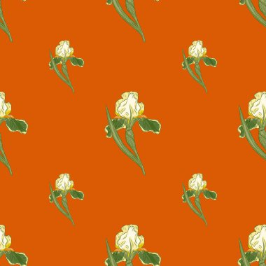 Kaliteli yeşil iris çiçekleri olan minimalist, pürüzsüz desenler iz bırakır. Turuncu koyu arka plan. Mevsimlik tekstil baskıları, kumaş, afişler, arkaplanlar ve duvar kağıtları için vektör illüstrasyonu.