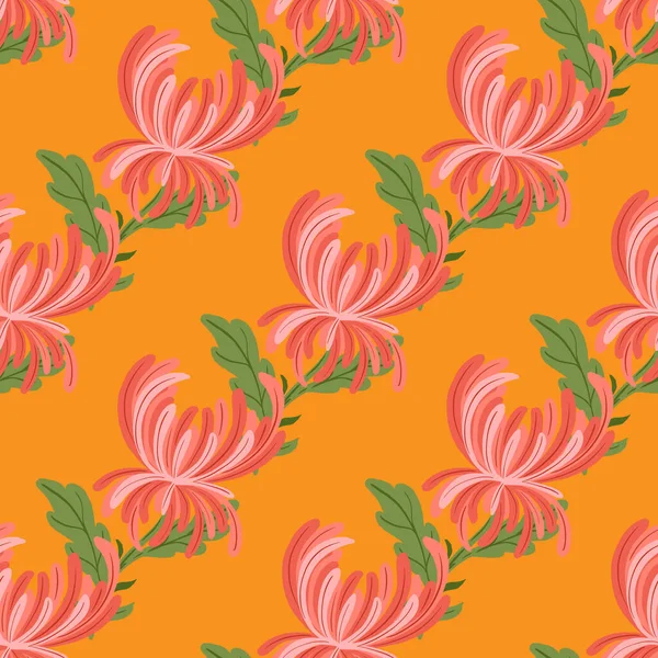 Chrysanthème Rose Fleurs Ornement Motif Sans Couture Fond Orange Vif — Image vectorielle