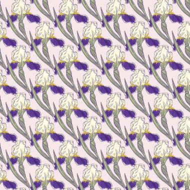 Mor küçük iris çiçekleri, elde çizilmiş şekildeki pürüzsüz deseni süsler. Açık pembe arka plan. Mevsimlik tekstil baskıları, kumaş, afişler, arkaplanlar ve duvar kağıtları için vektör illüstrasyonu.