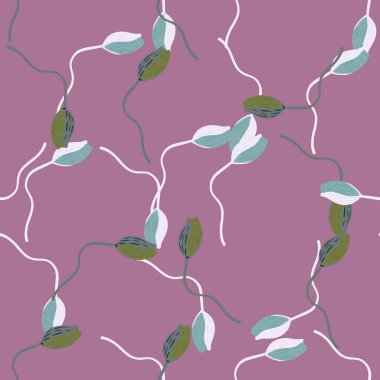 Basit gelincik tomurcuğu şekilli kusursuz bir desen. Pastel mor arka plan. Rastgele parmak izi. Stok çizimi. Tekstil, kumaş, hediye paketi, duvar kağıtları için vektör tasarımı.