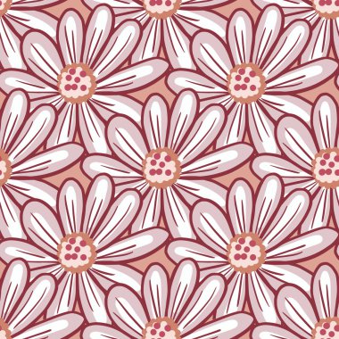 Karalama papatya çiçekleri süsüsüyle donatılmış bahar zamanı kusursuz desenli. Pembe arka plan. Soyut stil. Stok çizimi. Tekstil, kumaş, hediye paketi, duvar kağıtları için vektör tasarımı.