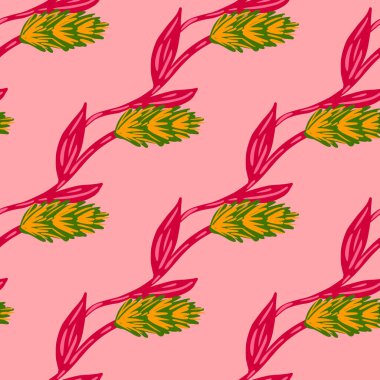 Sarı ve yeşil renkli buğday süsleme desenli. Parlak pembe arka plan. Çiftlik baskısı. Kağıt ve kumaş dokuları için grafiksel tasarım. Vektör İllüstrasyonu.